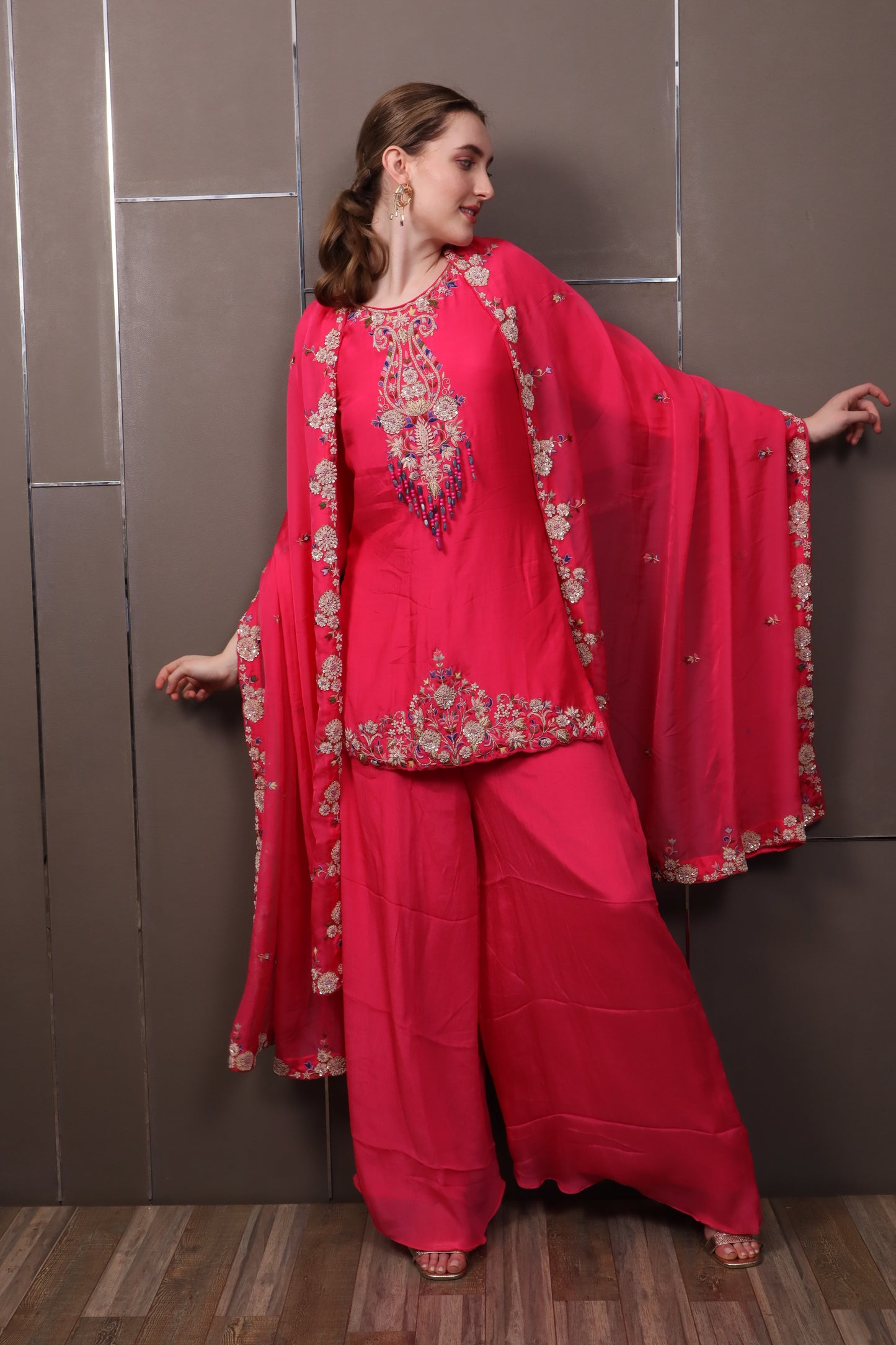 Pink Organza Palazzo Set with Kurti & Dupatta