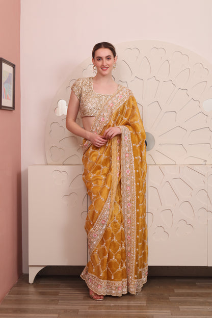 Yellow Organza Saree with Blouse Set