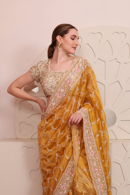 Yellow Organza Saree with Blouse Set