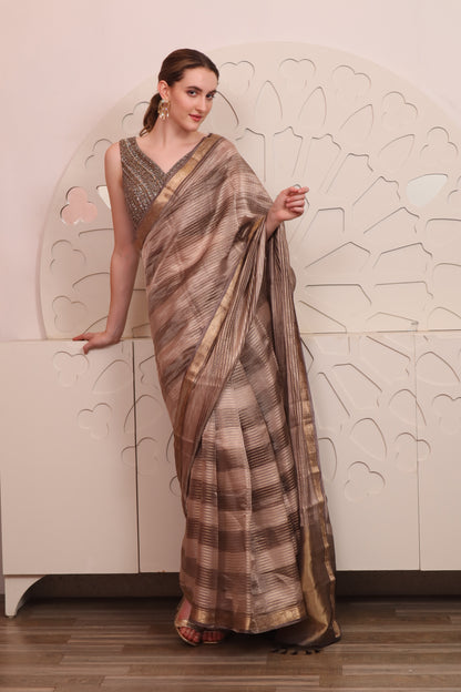 Brown Organza Saree with Blouse Set