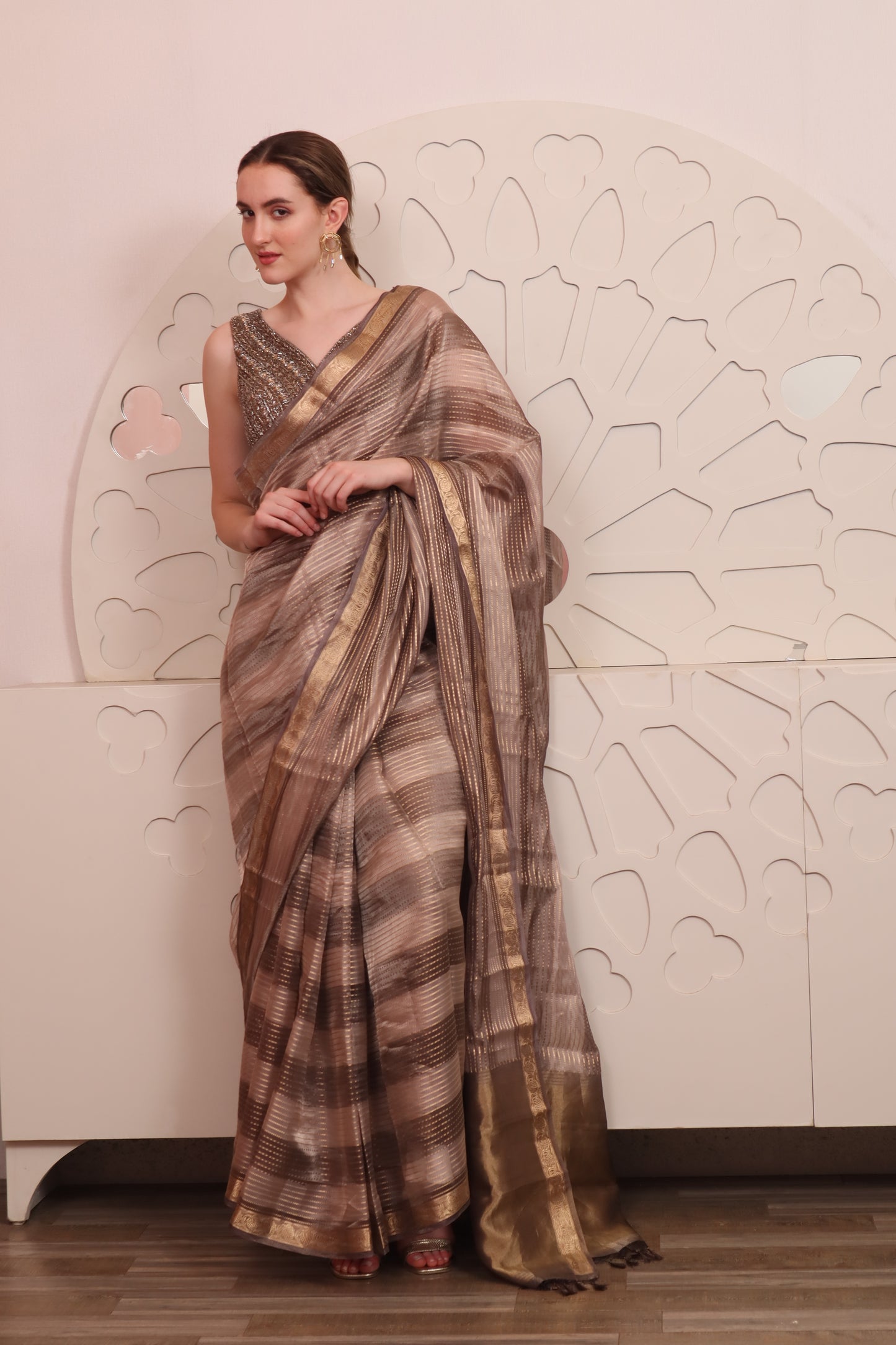 Brown Organza Saree with Blouse Set