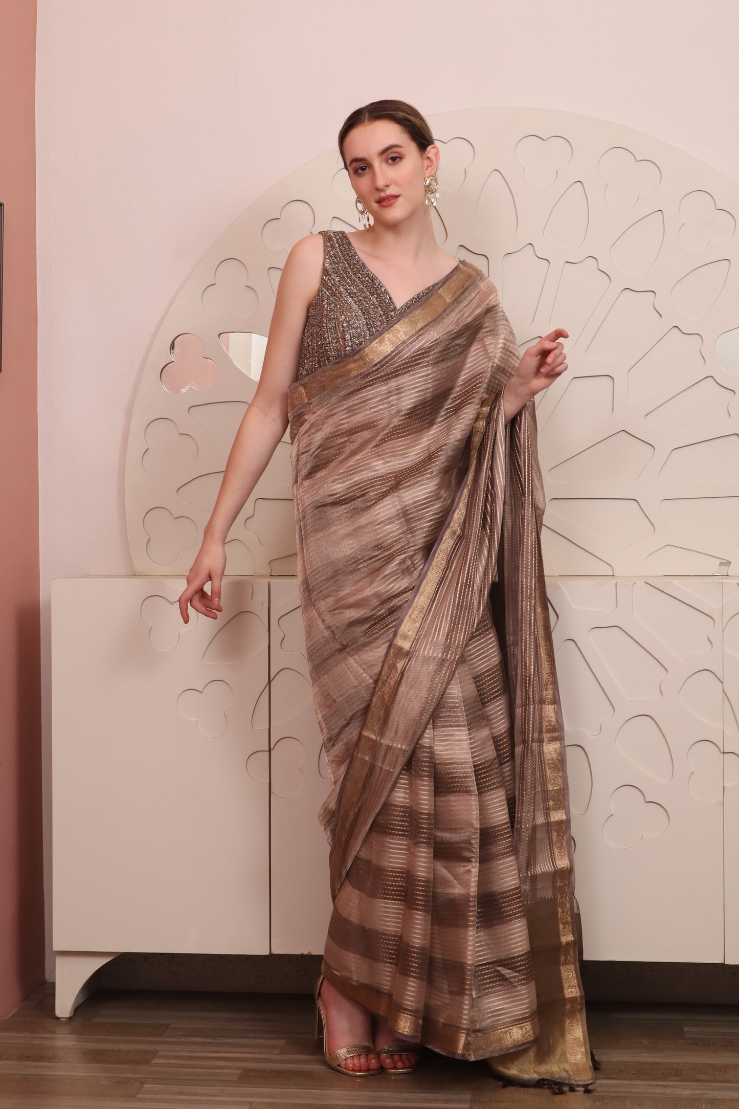 Brown Organza Saree with Blouse Set