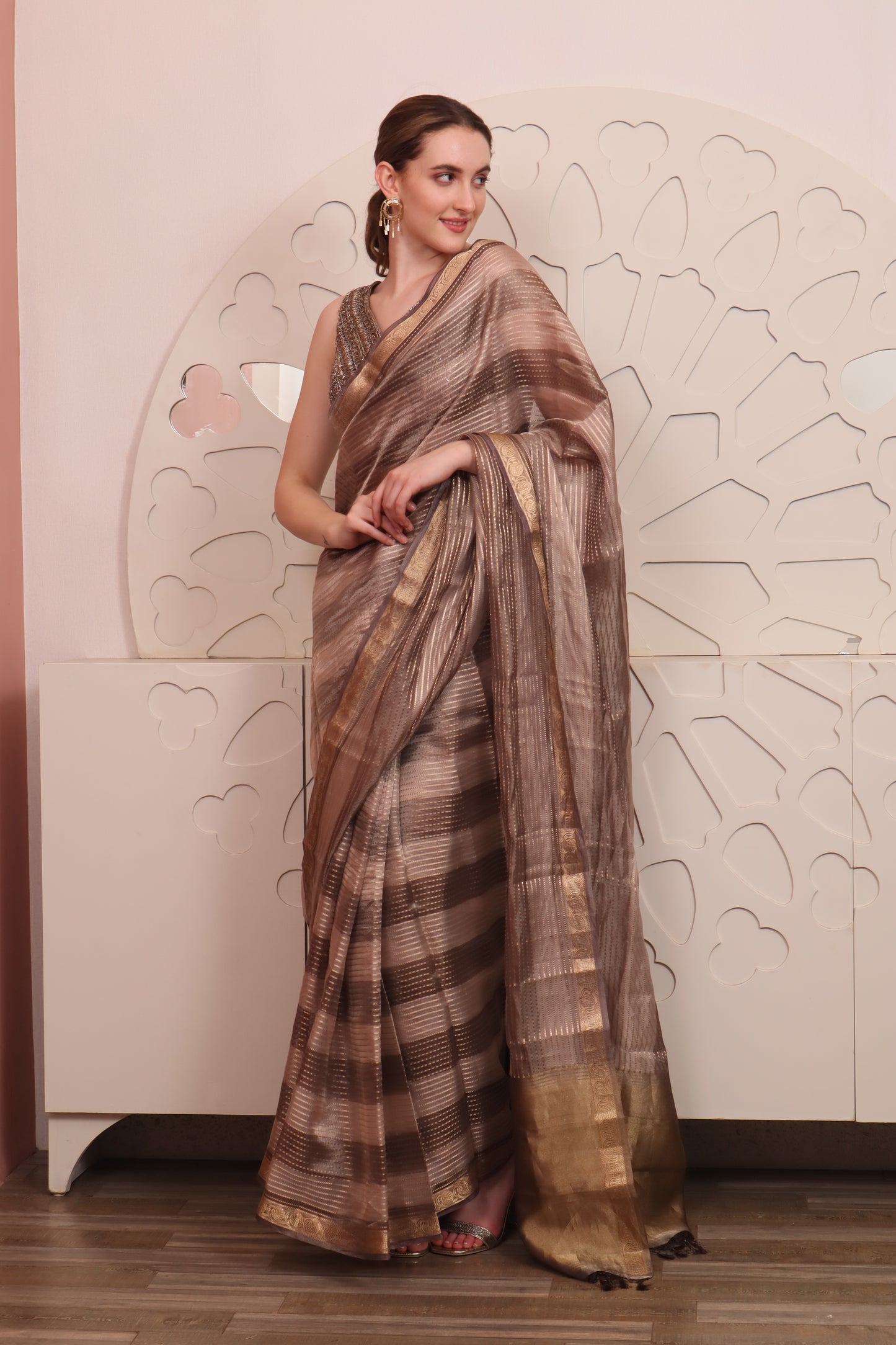 Brown Organza Saree with Blouse Set