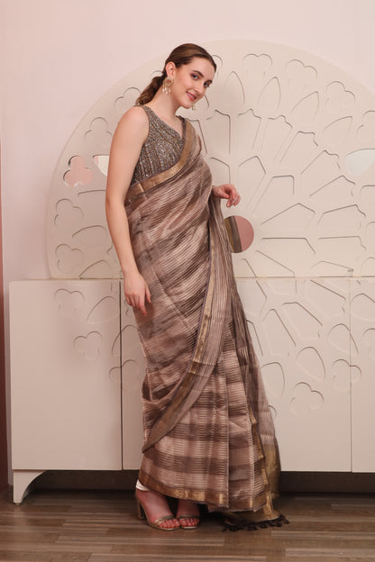 Brown Organza Saree with Blouse Set