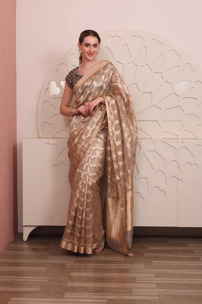 Gold Organza Saree with Blouse Set