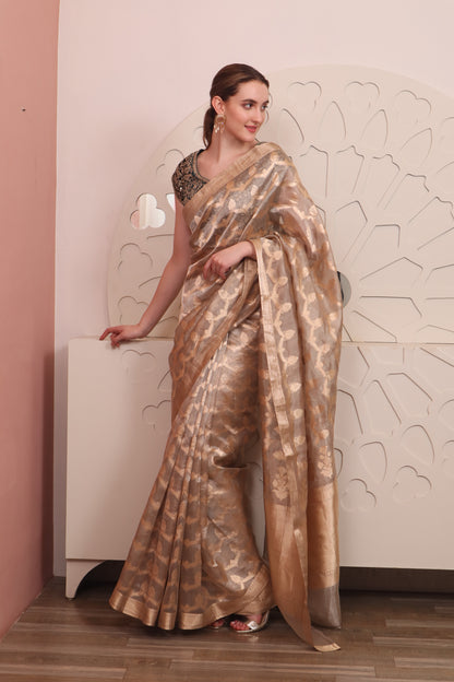 Gold Organza Saree with Blouse Set