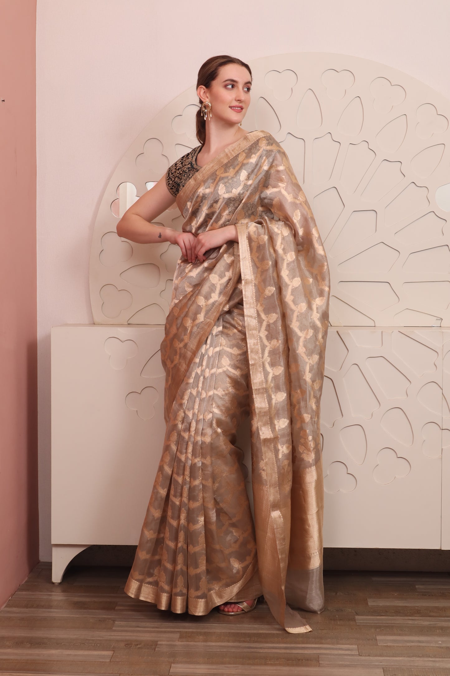 Gold Organza Saree with Blouse Set