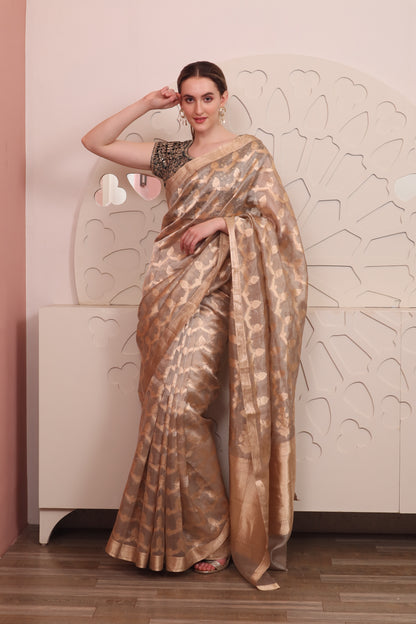 Gold Organza Saree with Blouse Set