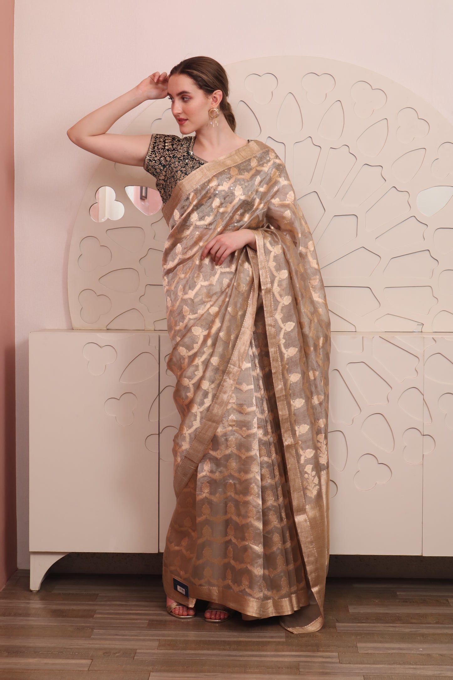 Gold Organza Saree with Blouse Set