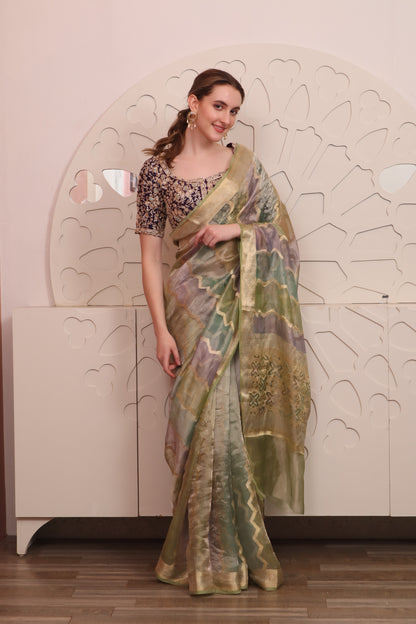 Multicolour Organza Saree with Blouse Set