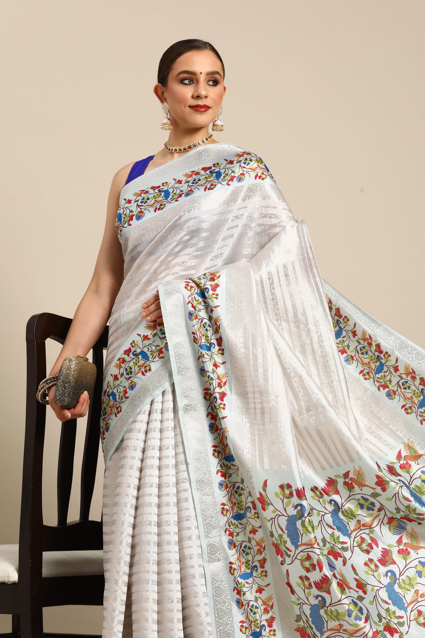 Designer Beige Silk Saree