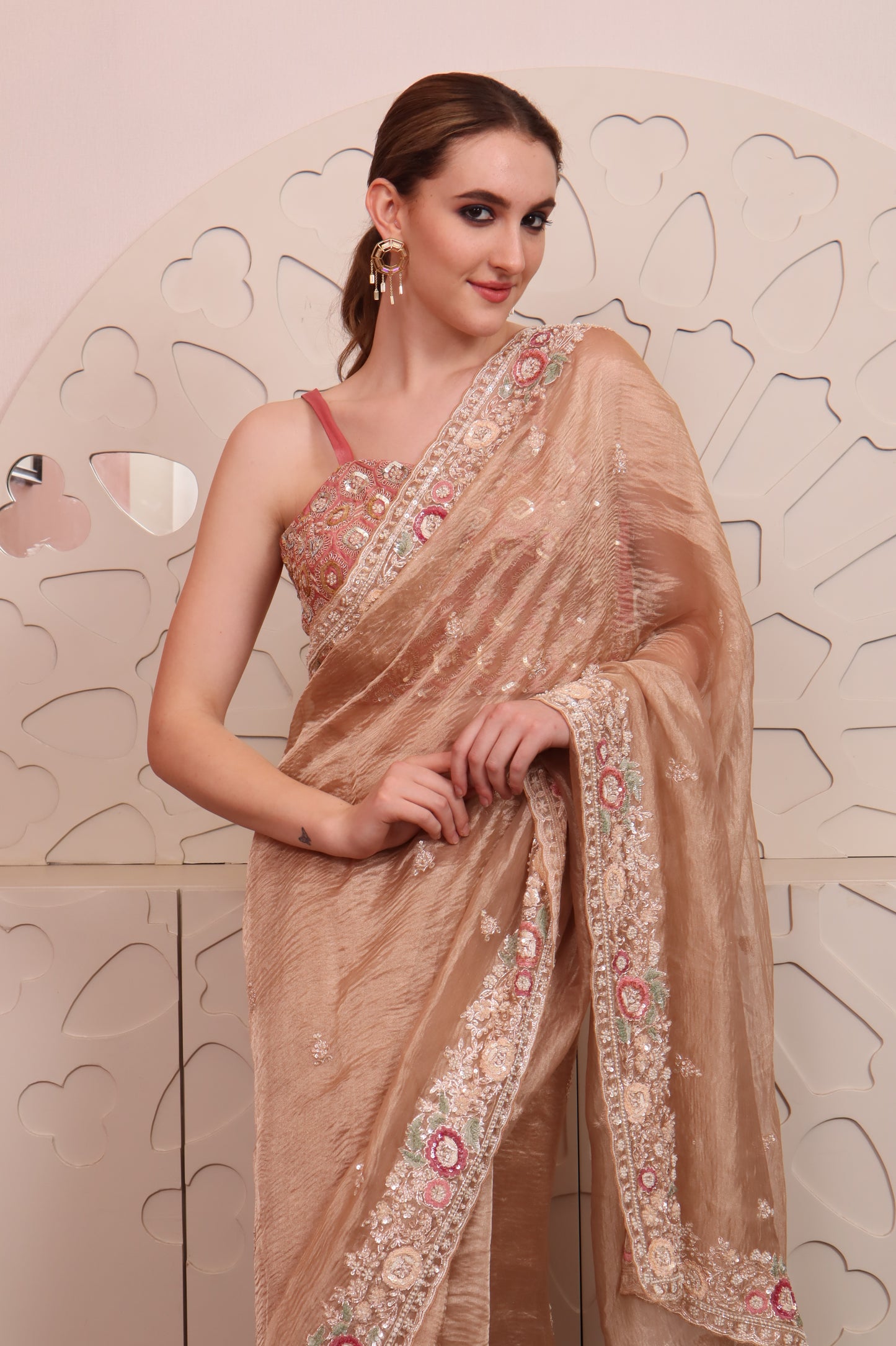 Pink Organza Saree with Blouse Set