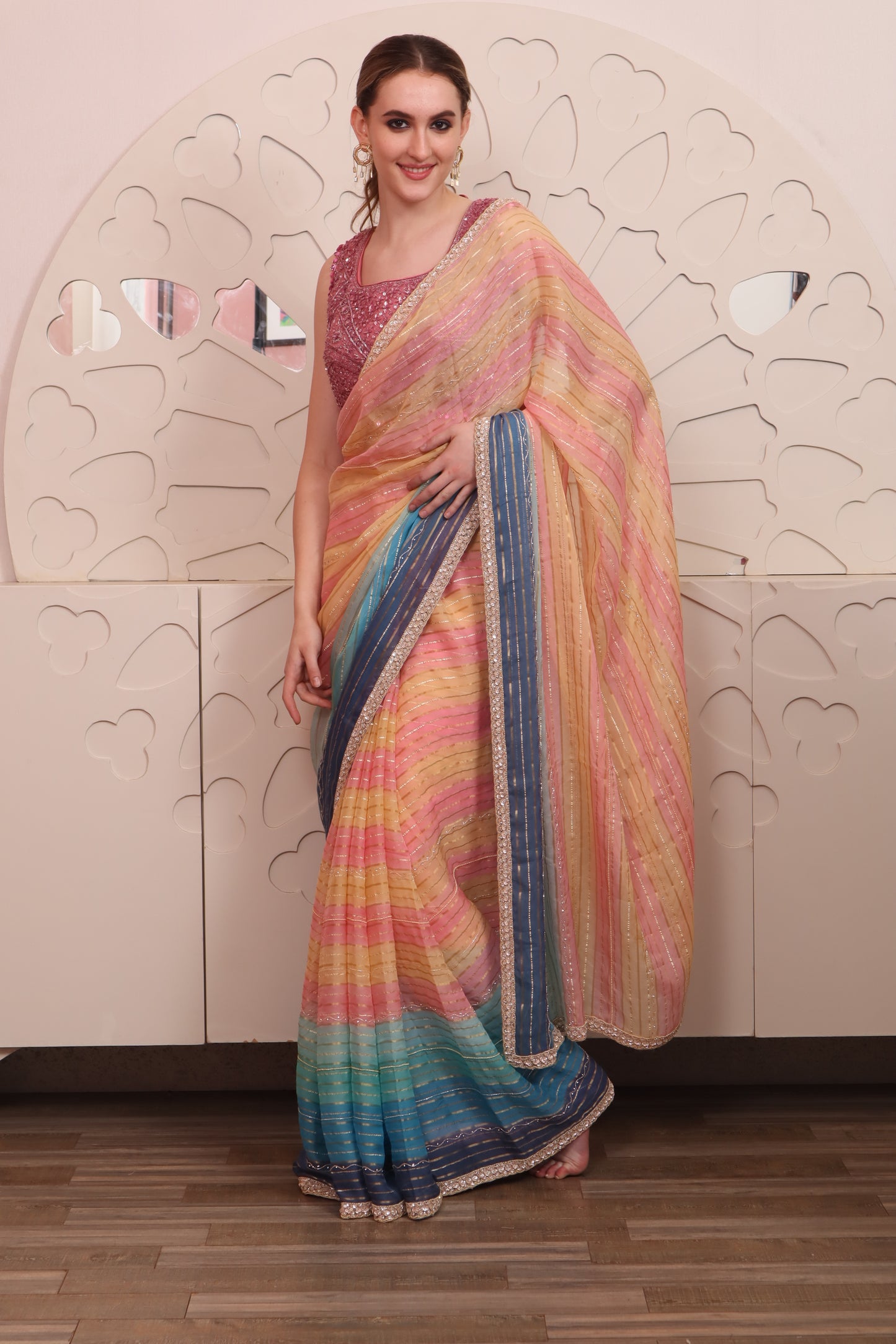 Multicolour Chinon Saree with Blouse Set