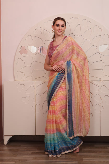 Multicolour Chinon Saree with Blouse Set