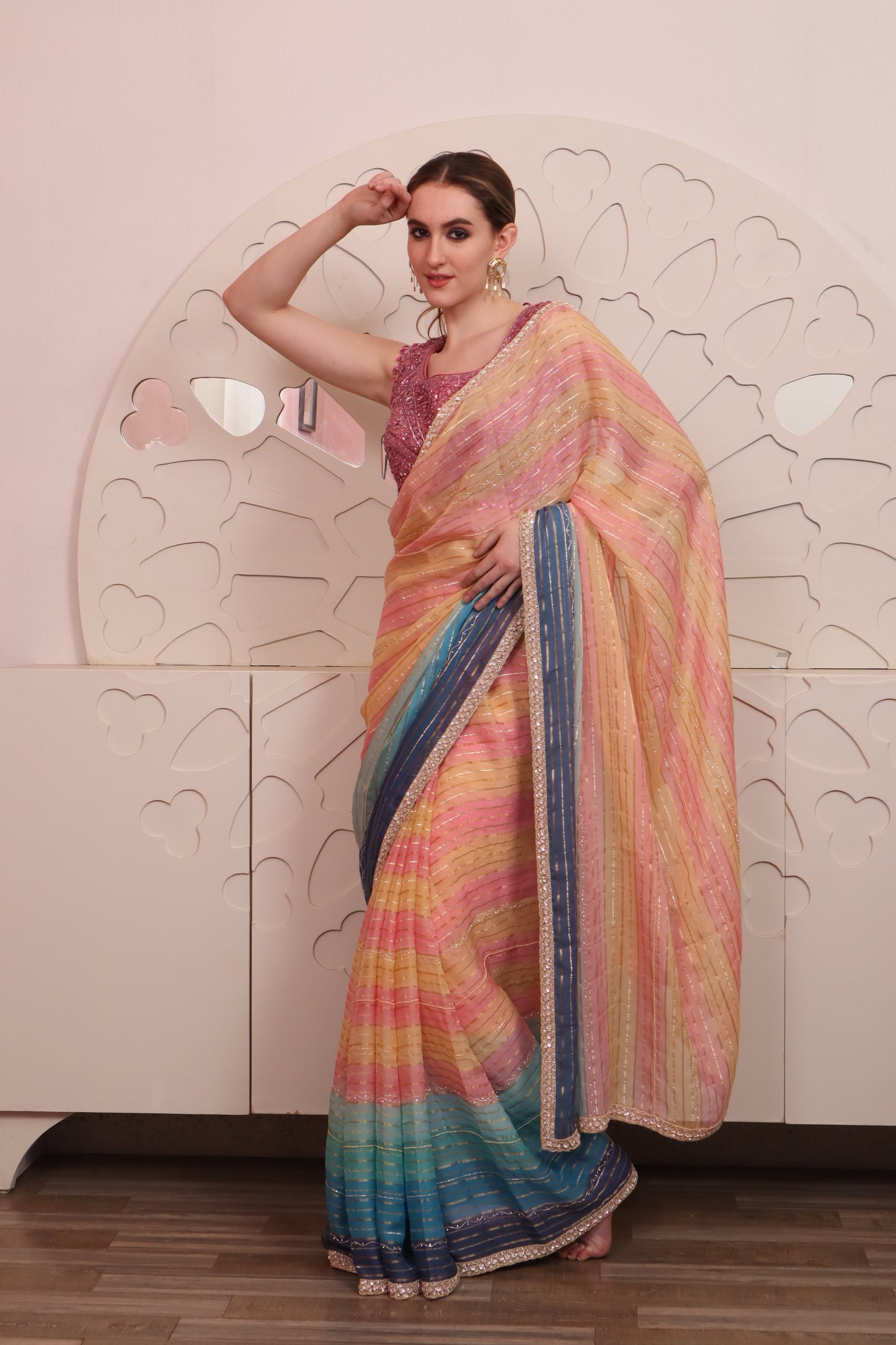 Multicolour Chinon Saree with Blouse Set