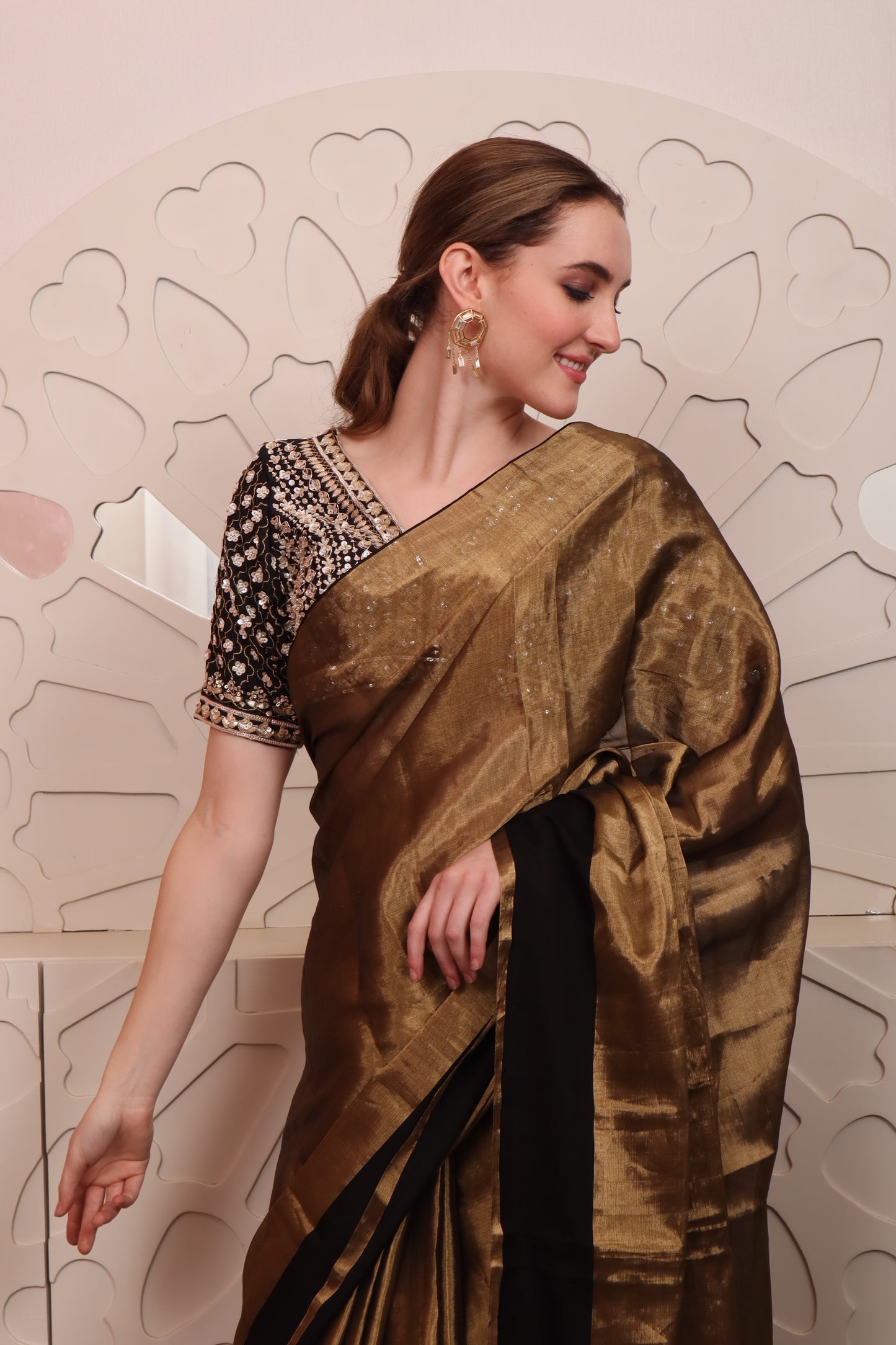 Brown Organza Saree with Blouse Set