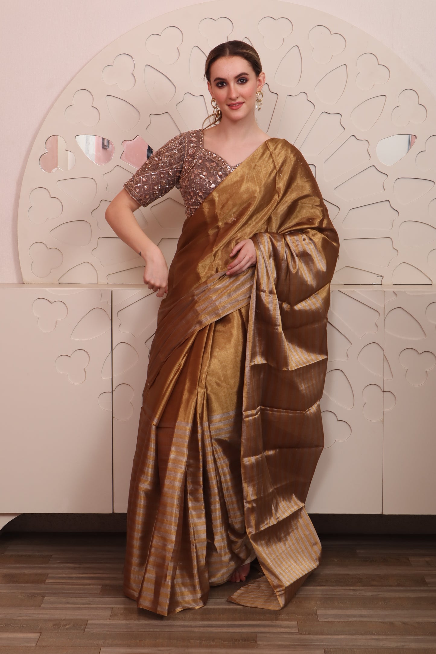 Brown Organza Saree with Blouse Set