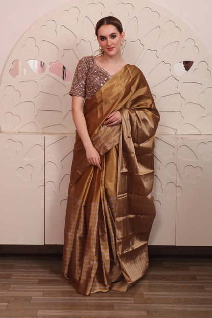 Brown Organza Saree with Blouse Set