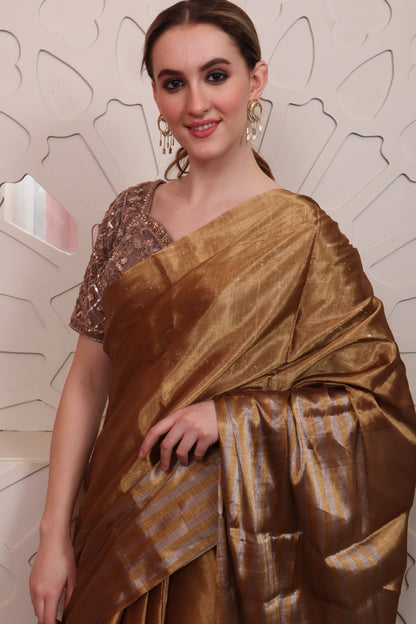 Brown Organza Saree with Blouse Set