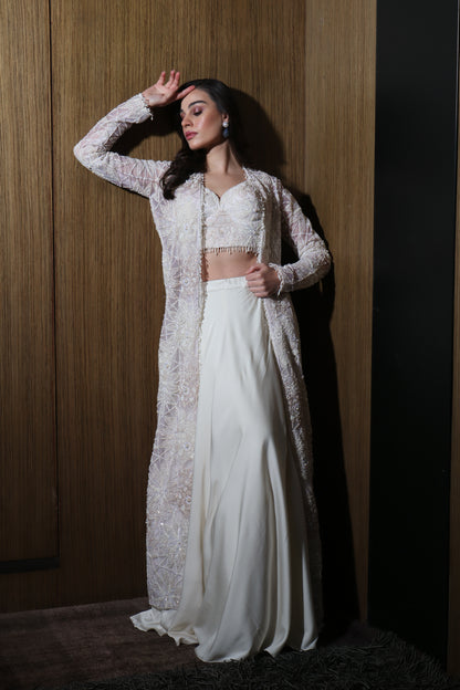 Silk White Indowestern Skirt Set