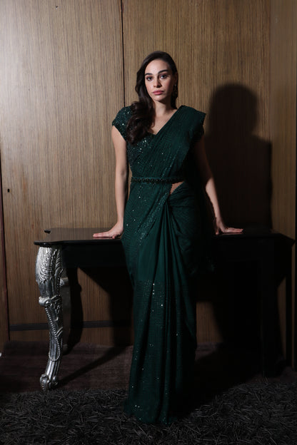 Sequinned Dark Green Saree With Blouse Set