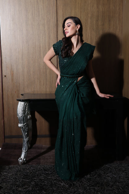 Sequinned Dark Green Saree With Blouse Set