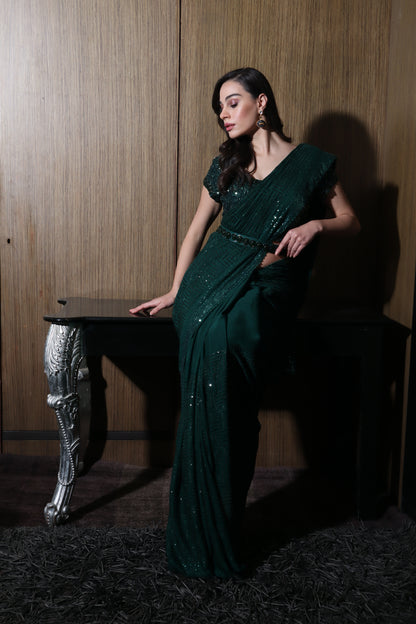 Sequinned Dark Green Saree With Blouse Set