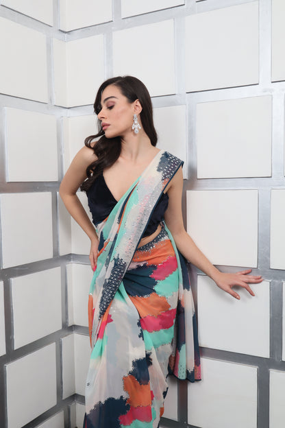 Chiffon Multicolour Saree With Blouse Set