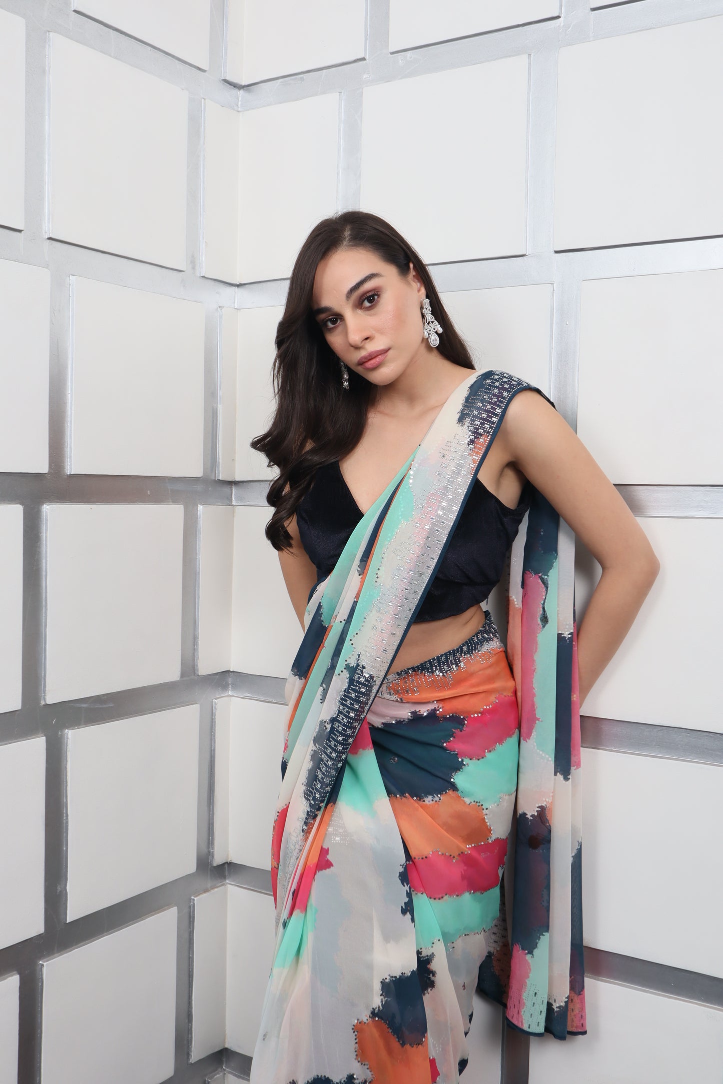 Chiffon Multicolour Saree With Blouse Set