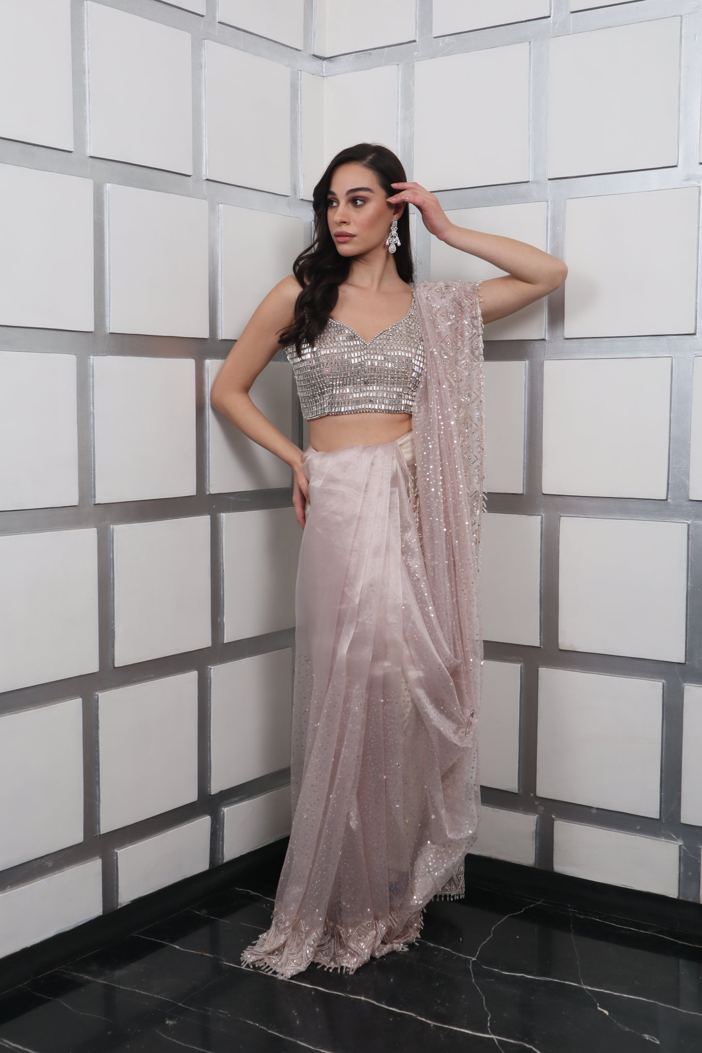 Organza Pink  Saree With Blouse Set