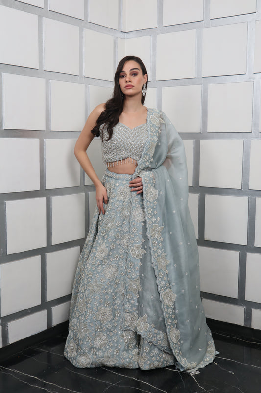 Cotton Blend Grey Lehenga Set