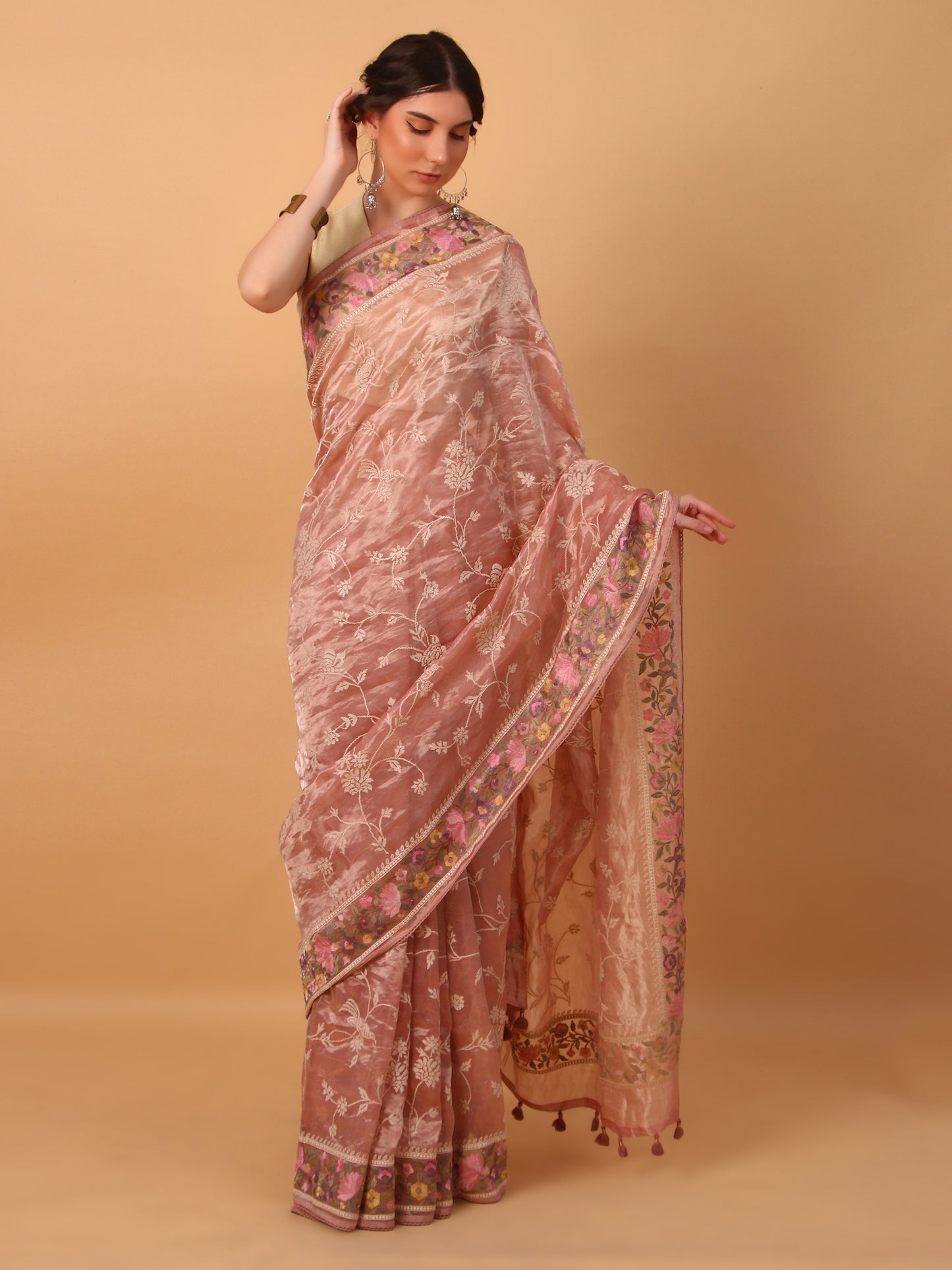 Peach Gold Handwoven Tissue Saree with Unstitched Blouse