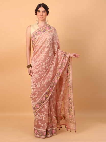 Peach Gold Handwoven Tissue Saree with Unstitched Blouse