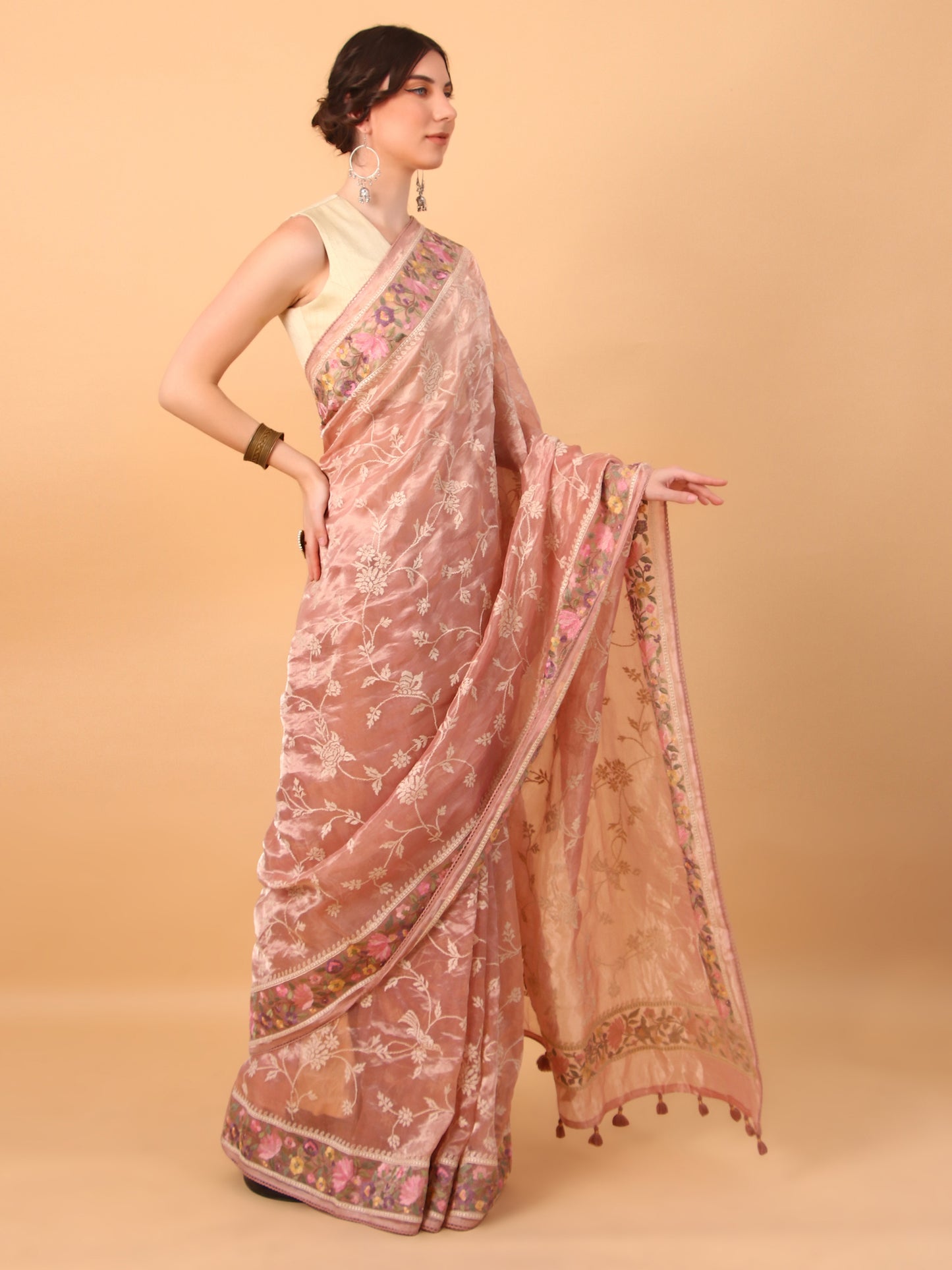 Peach Gold Handwoven Tissue Saree with Unstitched Blouse