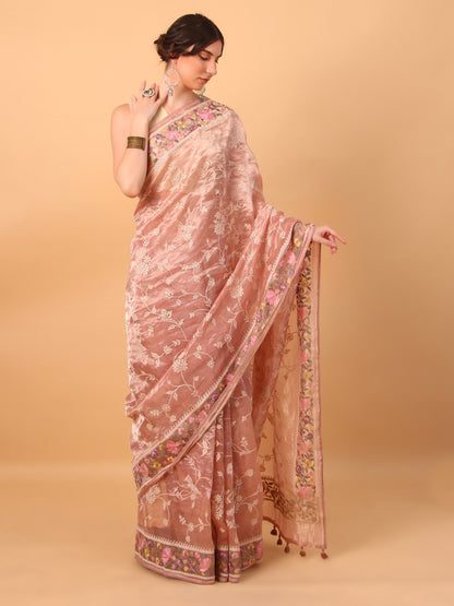 Peach Gold Handwoven Tissue Saree with Unstitched Blouse