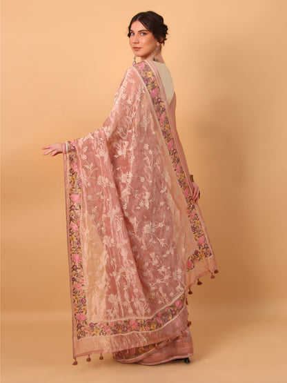 Peach Gold Handwoven Tissue Saree with Unstitched Blouse