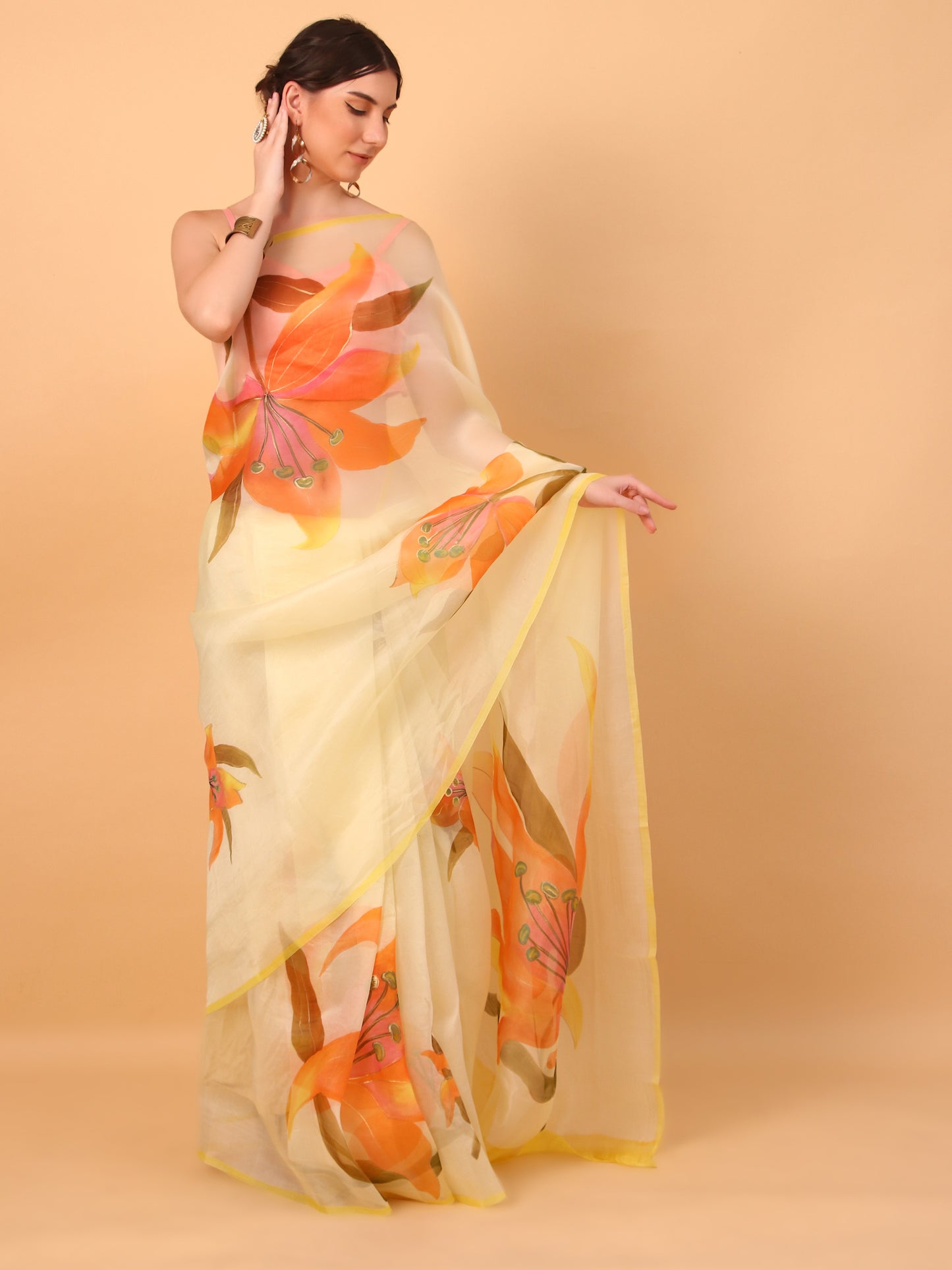 Yellow Organza Saree with Unstitched Blouse