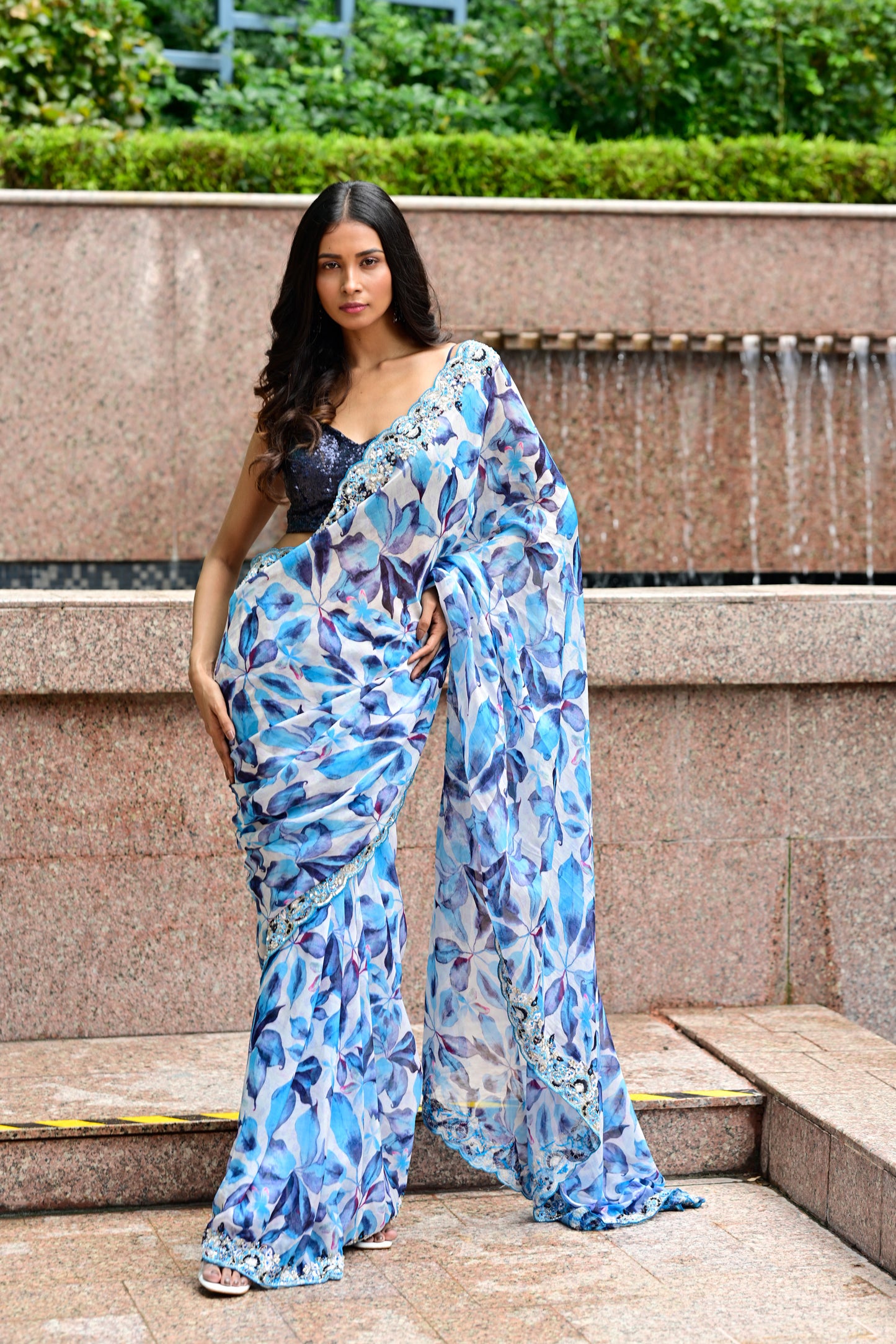 Blue Color Chinon Printed Saree