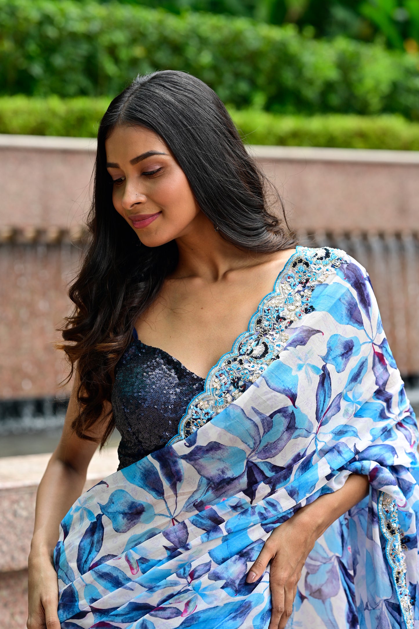 Blue Color Chinon Printed Saree