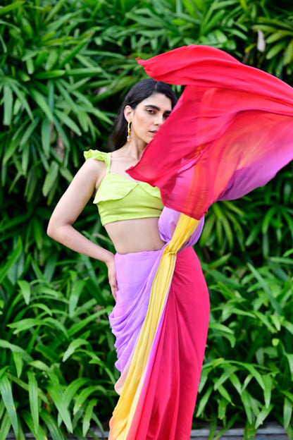 Yellow, Purple Color Chinon Fabric Drape Saree