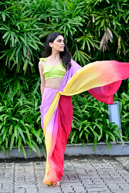 Yellow, Purple Color Chinon Fabric Drape Saree