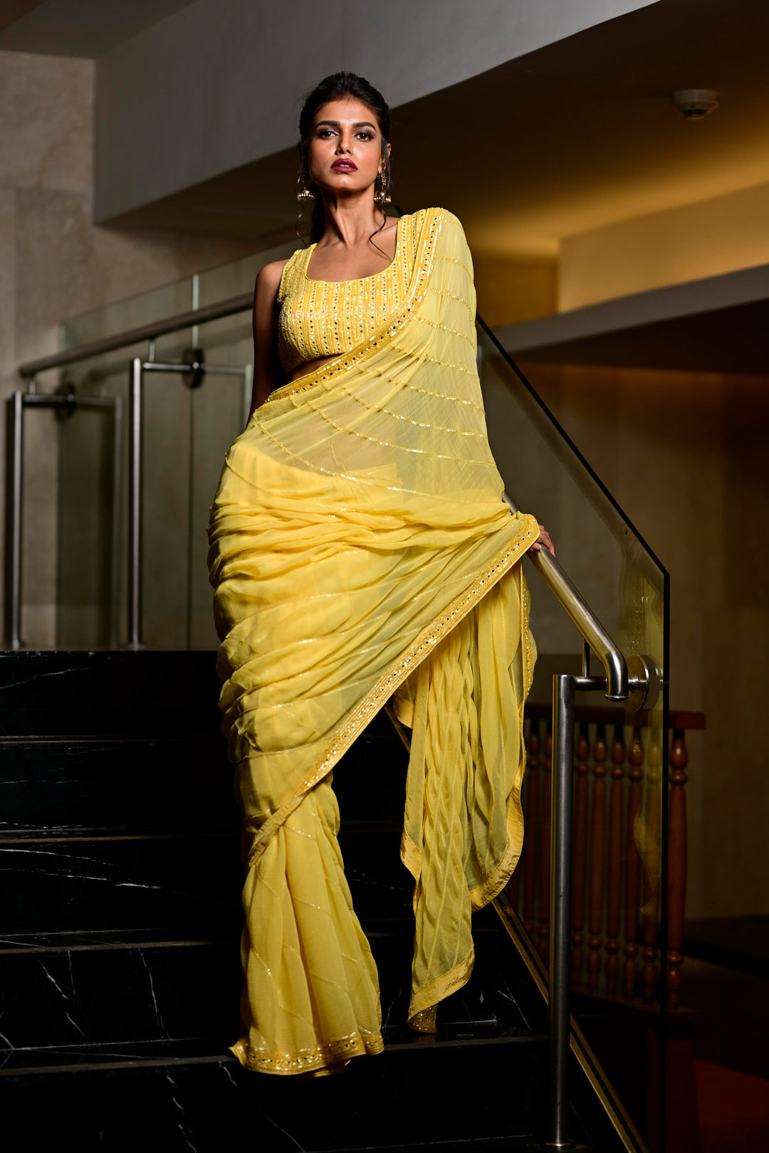 Silk Blend Embroidered Saree In Yellow Color