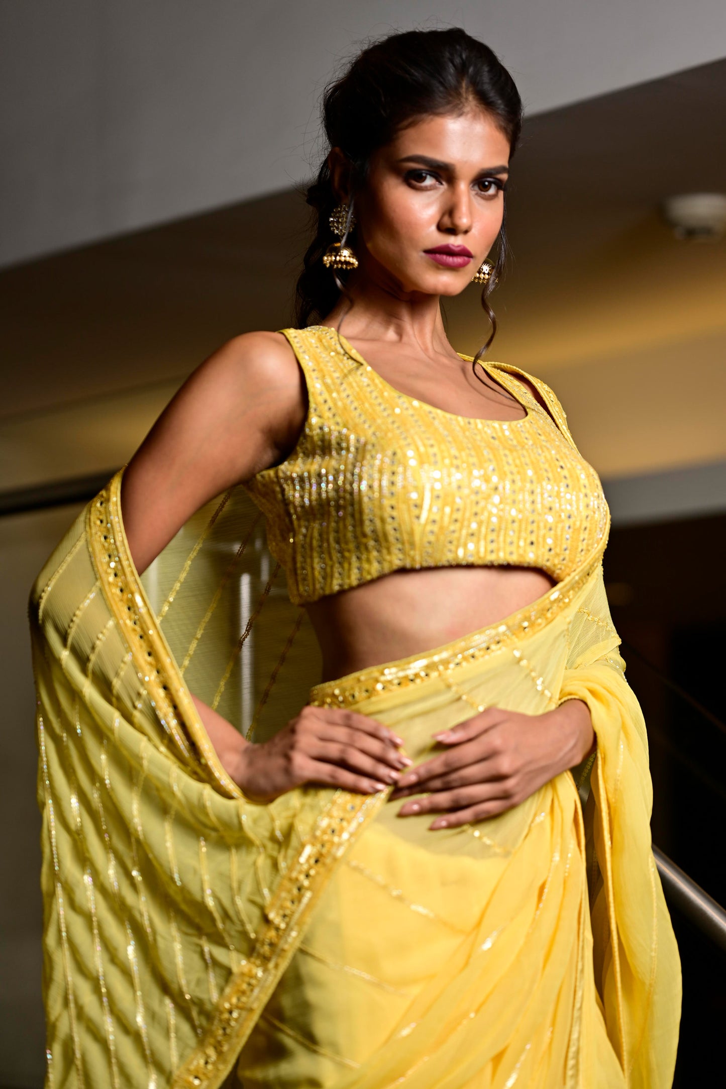 Silk Blend Embroidered Saree In Yellow Color