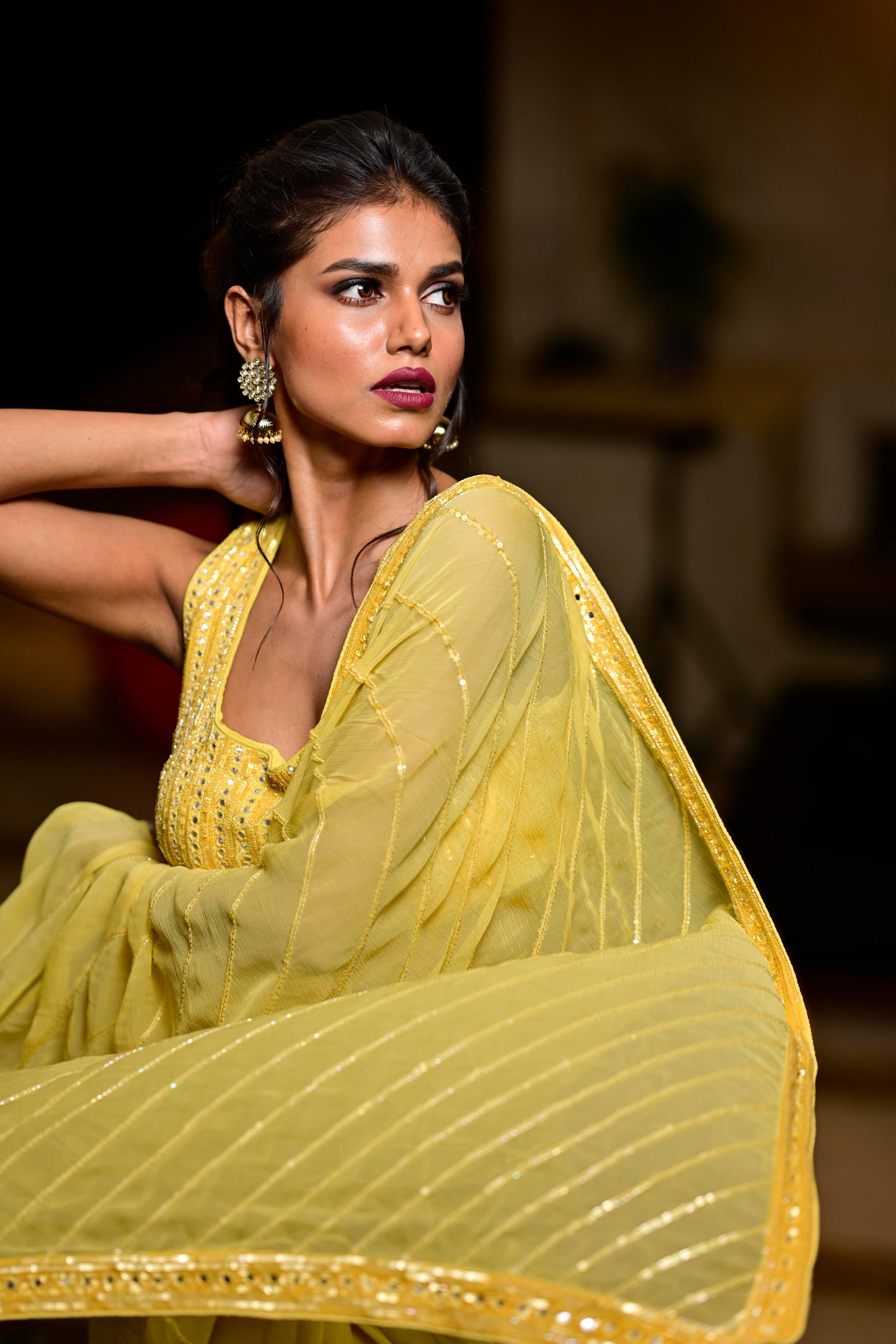 Silk Blend Embroidered Saree In Yellow Color