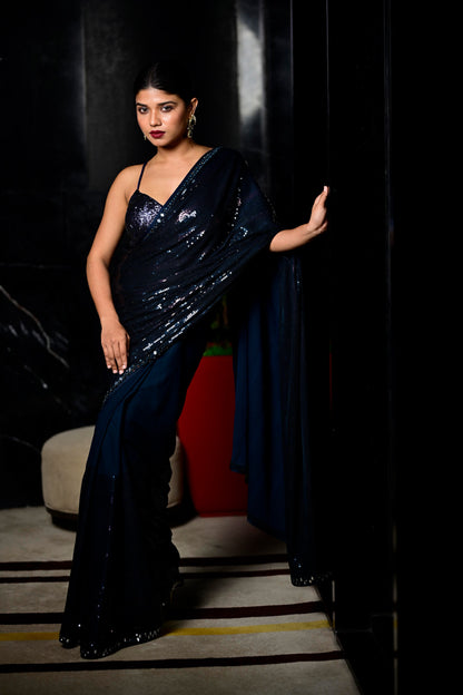 Navy Blue Color  Chanderi Saree