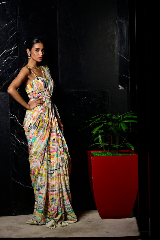 Multi Colour Chinon Drape Saree