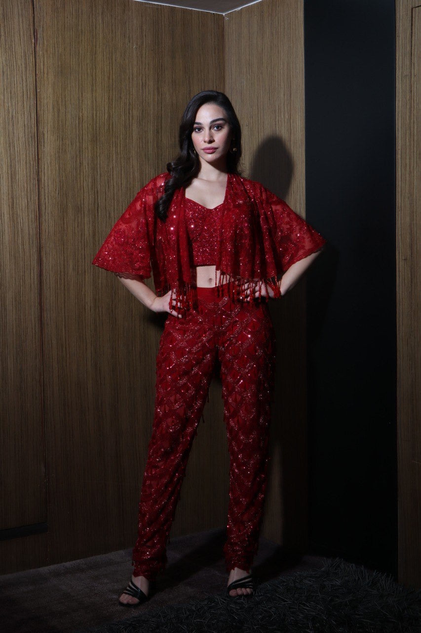 Sequinned Red Indowestern Pant Set