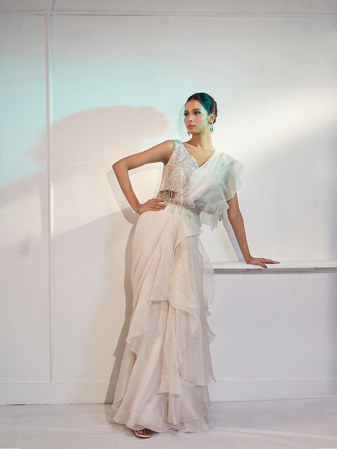 White Draped Organza Saree