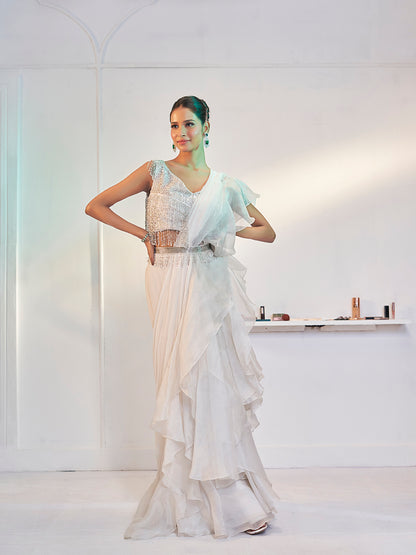 White Draped Organza Saree