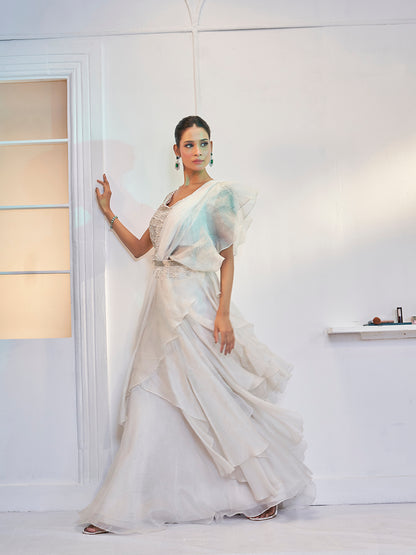 White Draped Organza Saree